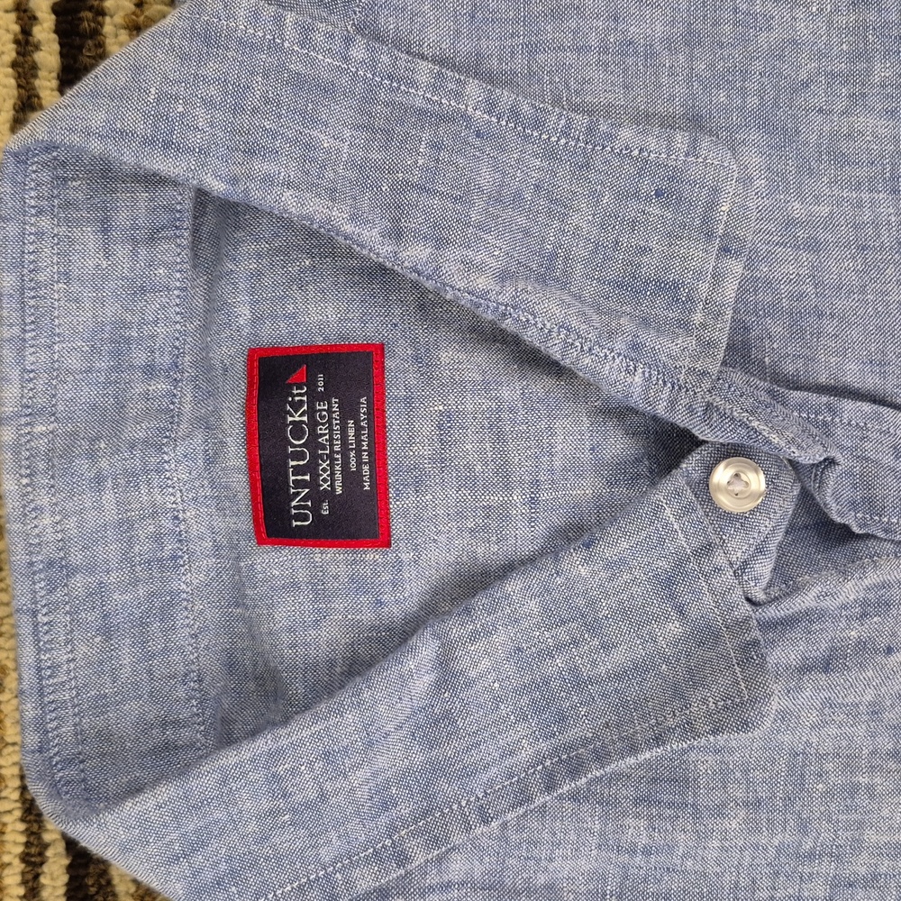 UNTUCKIT Wrinkle Resistant Blue Grey Weave LINEN Mens Sz 3XL Short Sleeve Shirt